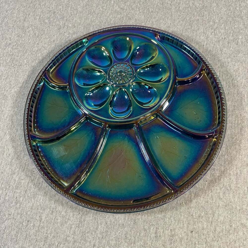 Indiana Glass Blue Carnival Pebble Leaf Deviled Egg Relish Platter 13”
